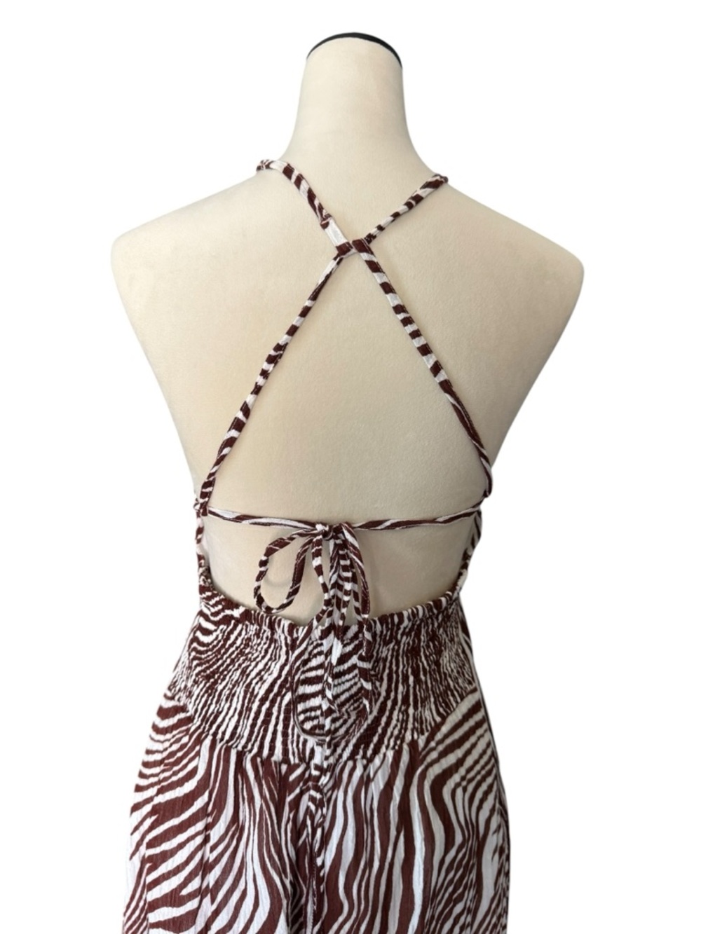 Faithfull the Brand Brown and White Zebra-Print Backless Linen Blend Maxi Dress. - Picture 7 of 16